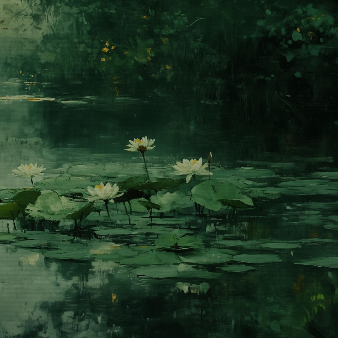 White Water Lilies On Dark Green Pond Moody Botanical Oil Painting Print - Image 4