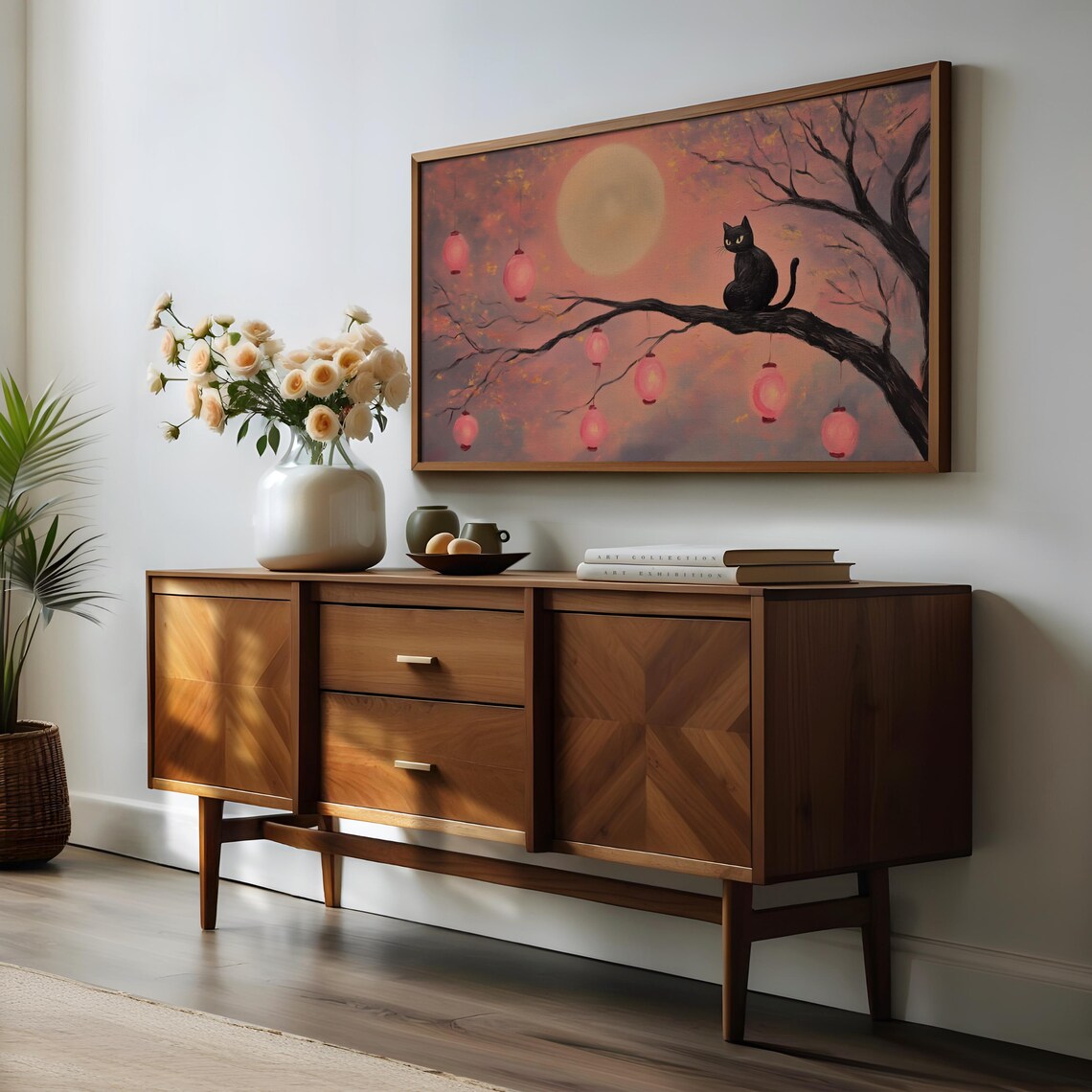 Black Cat on a Branch Under a Pink Moon With Lanterns Halloween Wall Art - Image 3