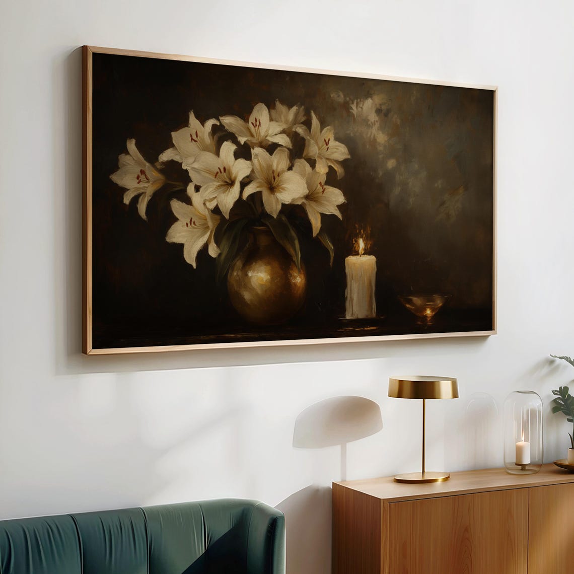 White Lilies Brass Pot Lit Candle Dark Classical Still Life Poster - Image 2