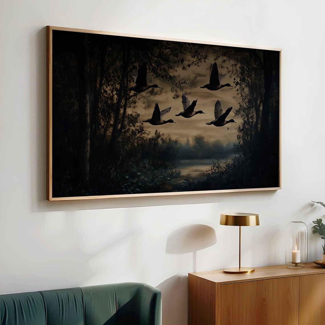 Dark Moody Flying Ducks Silhouette At Night Forest Lake Wall Art Poster - Image 2