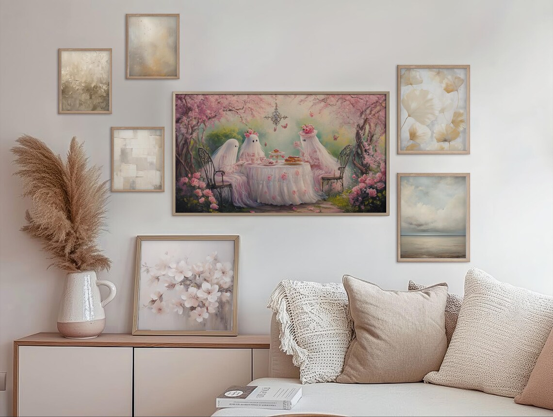 Pink Ghosts Tea Party in a Cherry Blossom Garden Vintage Halloween Wall Art - Image 2
