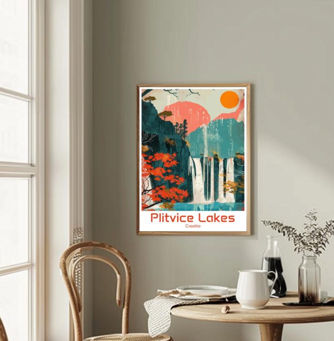 Plitvice Lakes Croatia Autumn Waterfalls Sunset Glow Scene Poster - Image 2