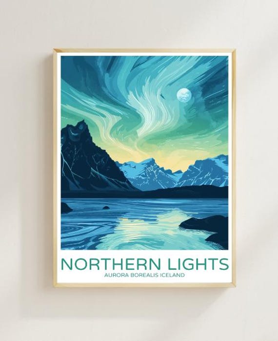 Northern Lights Iceland Travel Poster Stunning Aurora Borealis Views Arctic Night Sky Art Scenic Nature Decor Vacation Wall Art