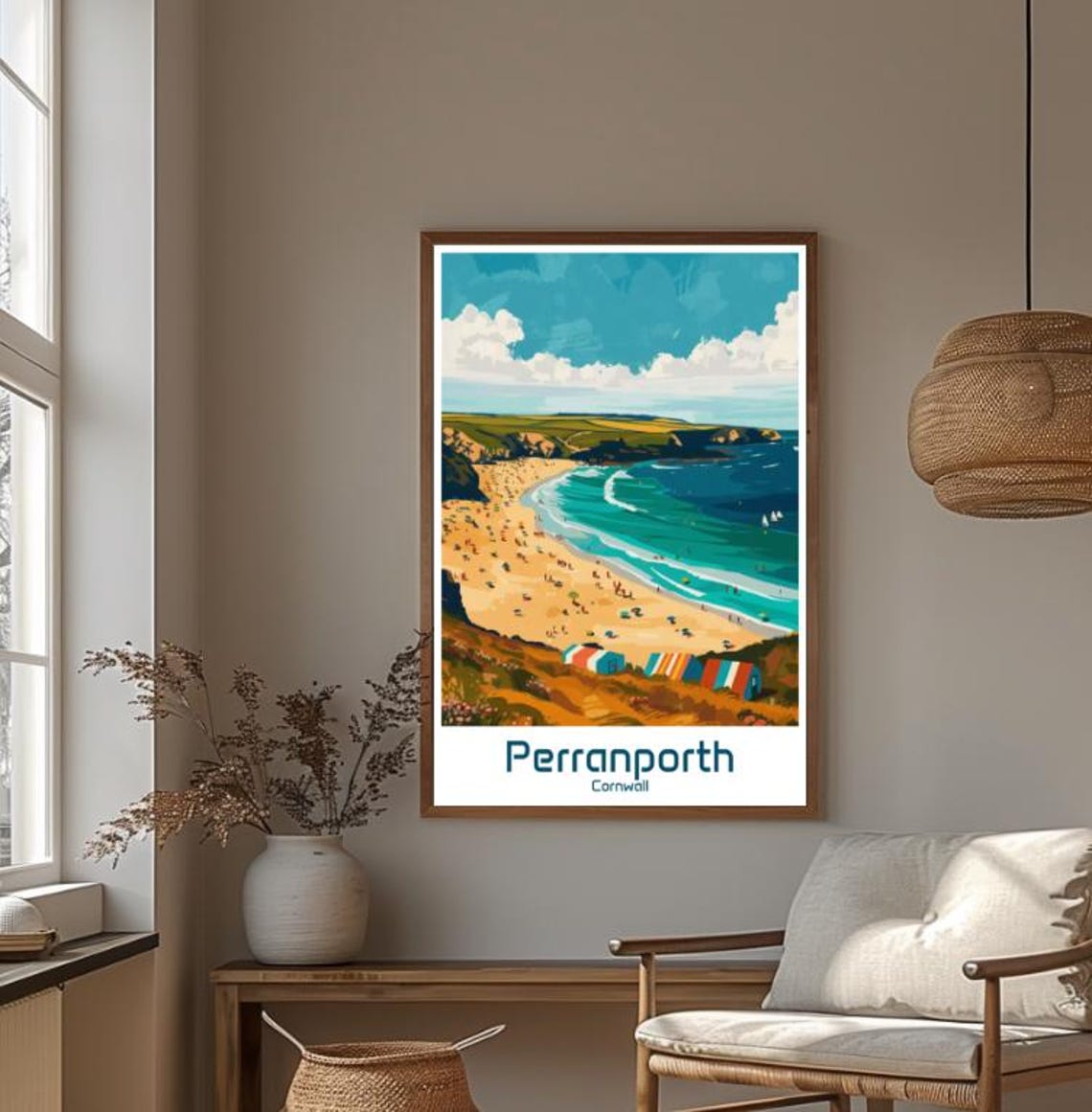 Perranporth Cornwall Golden Summer Beach Huts Coastal Travel Poster - Image 4