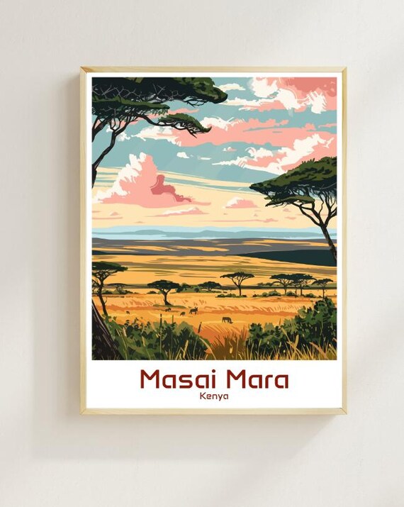 Masai Mara Travel Poster African Safari Landscape Wall Art Wildlife Nature Print Masai Mara Kenya Decor Savanna Artwork For Home