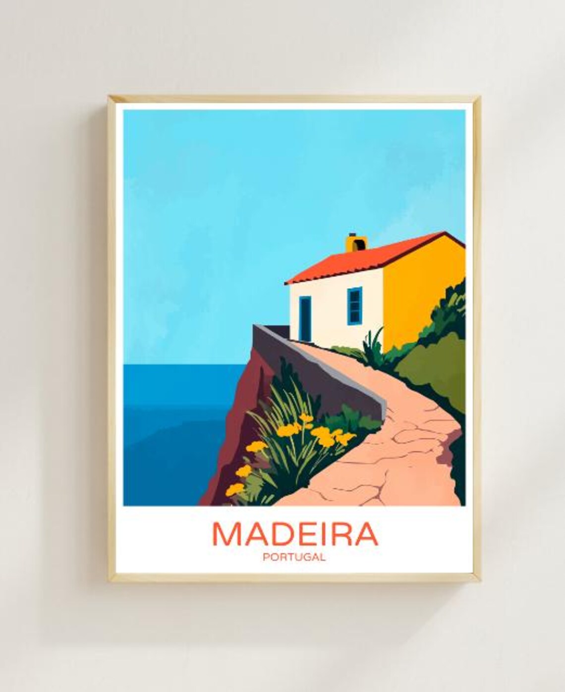 Madeira Portugal Coastal Cliffside Cottage Ocean Travel Poster