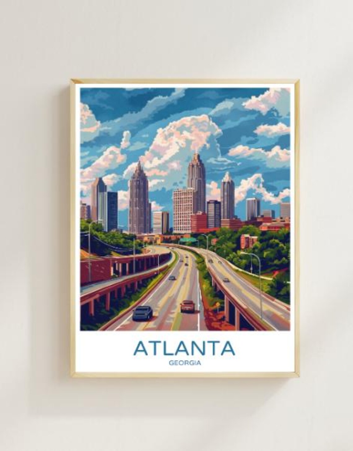 Atlanta Georgia Skyline and Highway Sunset City Travel Poster