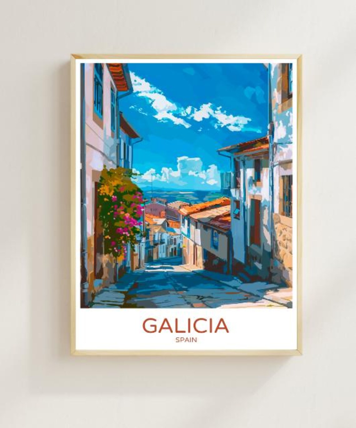Galicia Old Town Flower-Draped Street with Valley Views Spain Poster