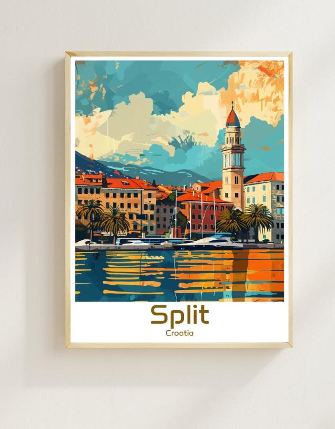 Split Croatia Harbor Bell Tower and Palm Waterfront Travel Poster