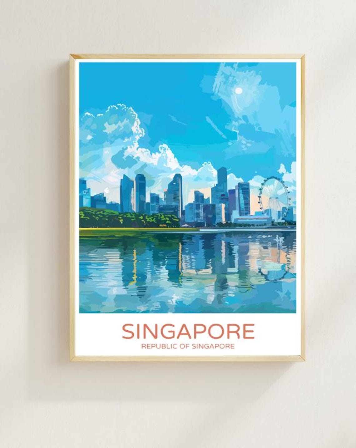 Singapore Skyline with Singapore Flyer Wheel Marina Bay Travel Poster
