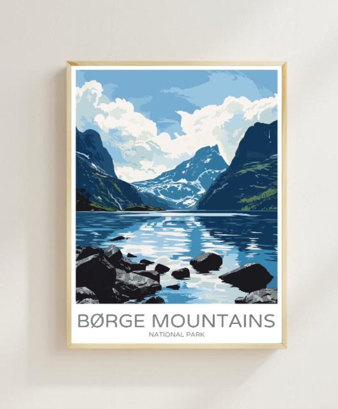 Børge Mountains Snowy Peaks Reflecting In Lake Travel Poster