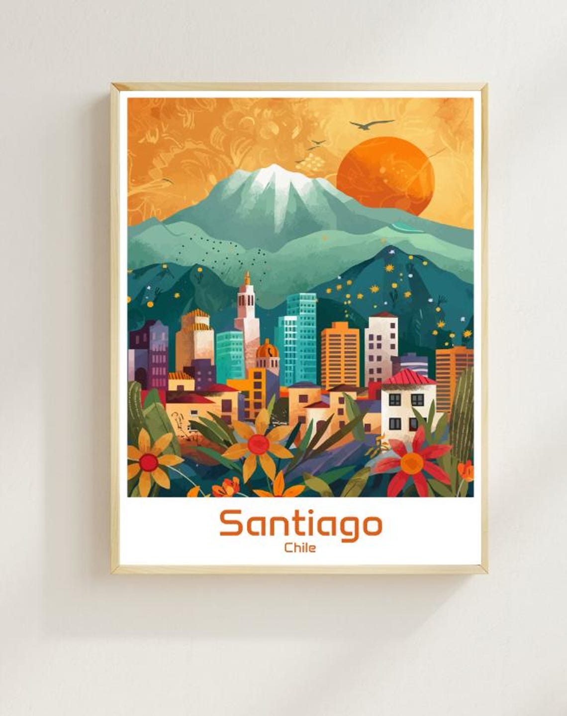 Santiago Chile Andes Skyline Sunset Floral Latin City Art Poster