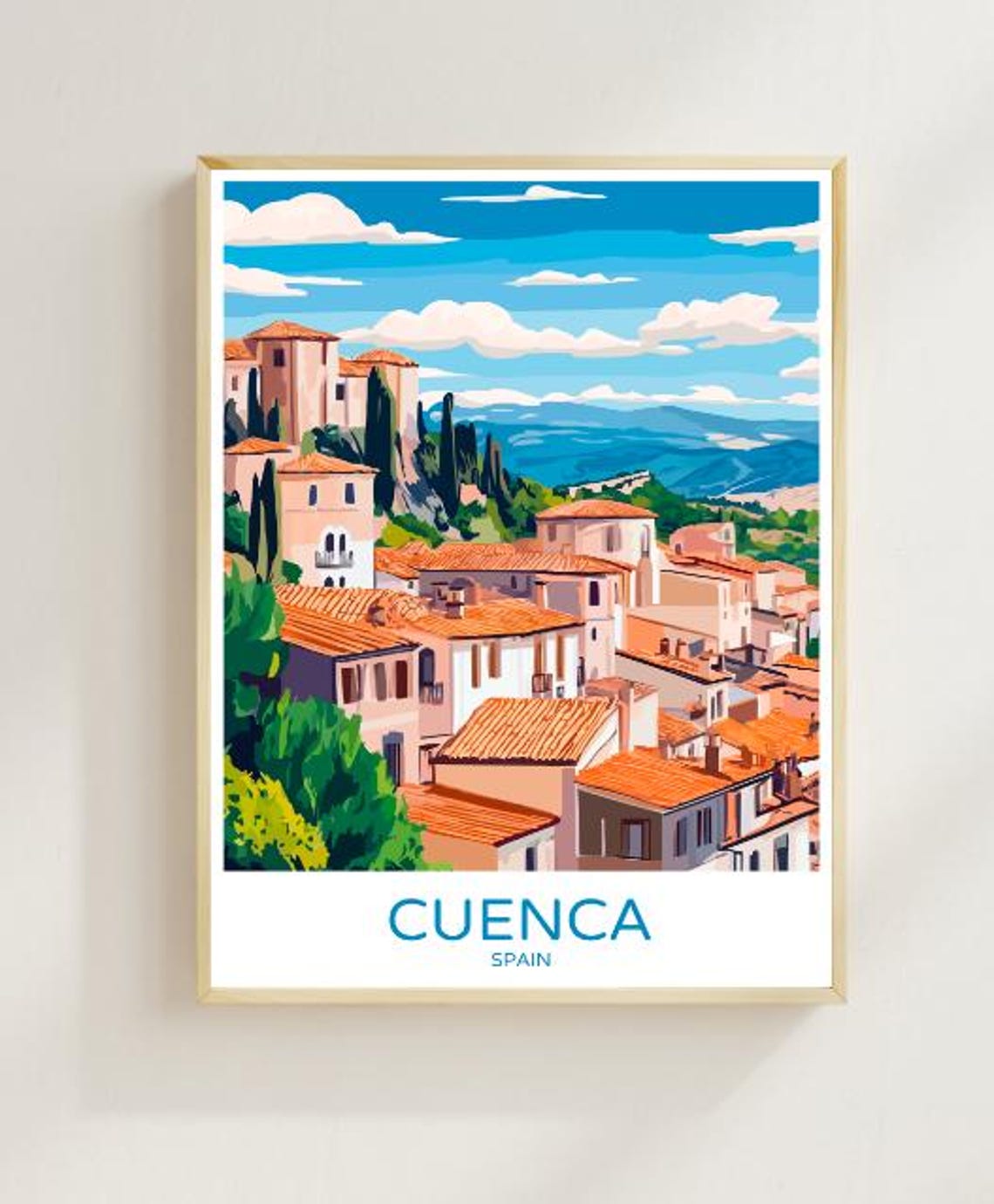 Cuenca Hill Town Terracotta Rooftops and Tall Cypress Trees Poster