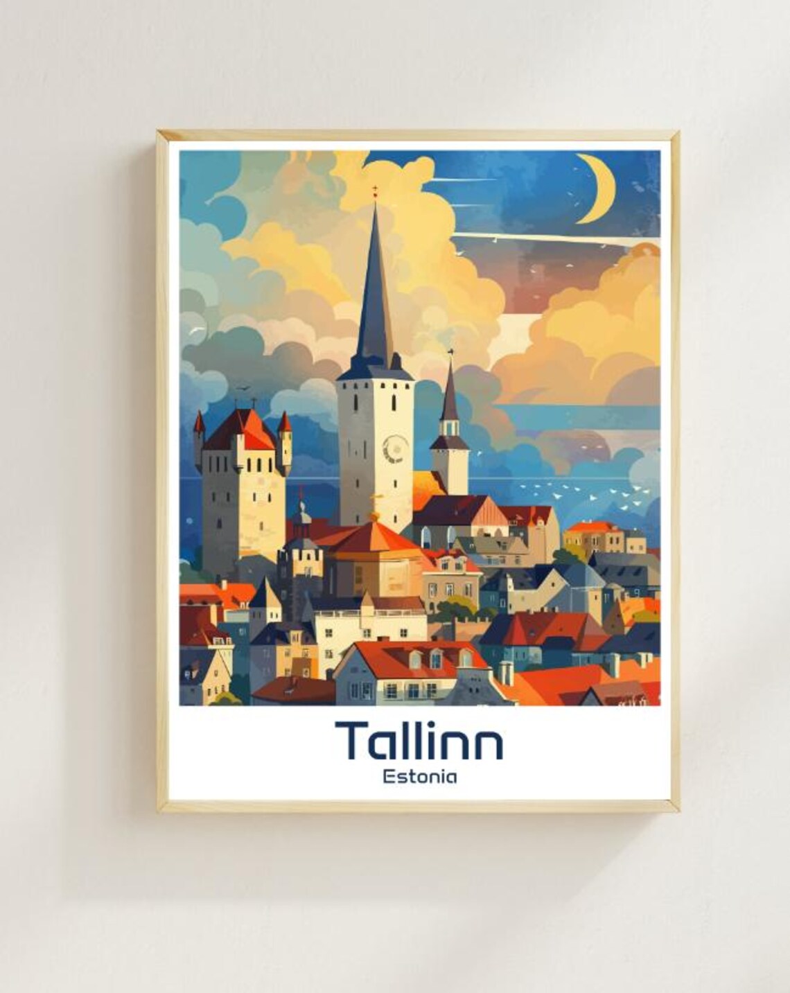 Tallinn Estonia Old Town Spires Dusk Crescent Moon Glow Poster