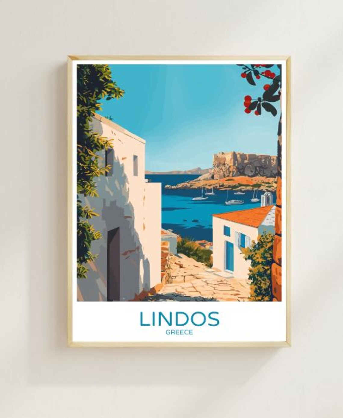 Lindos Greece Acropolis Bay White Alley Island Travel Poster