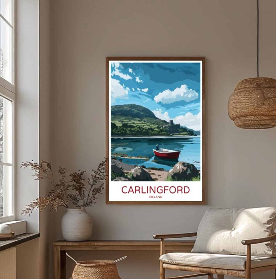 Carlingford Ireland Red Boat Mountain Lake Coastal View Poster - Image 4