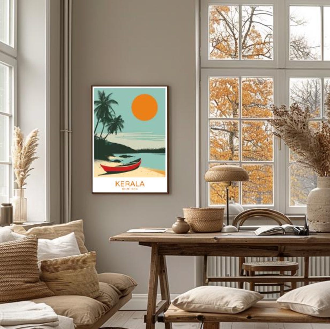 Kerala South India Beach With Red Boat And Palm Trees Travel Poster - Image 4