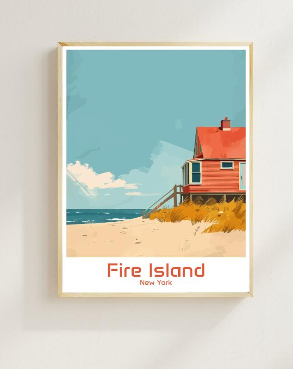 Fire Island New York Beach Cottage Dunes Seaside Travel Poster