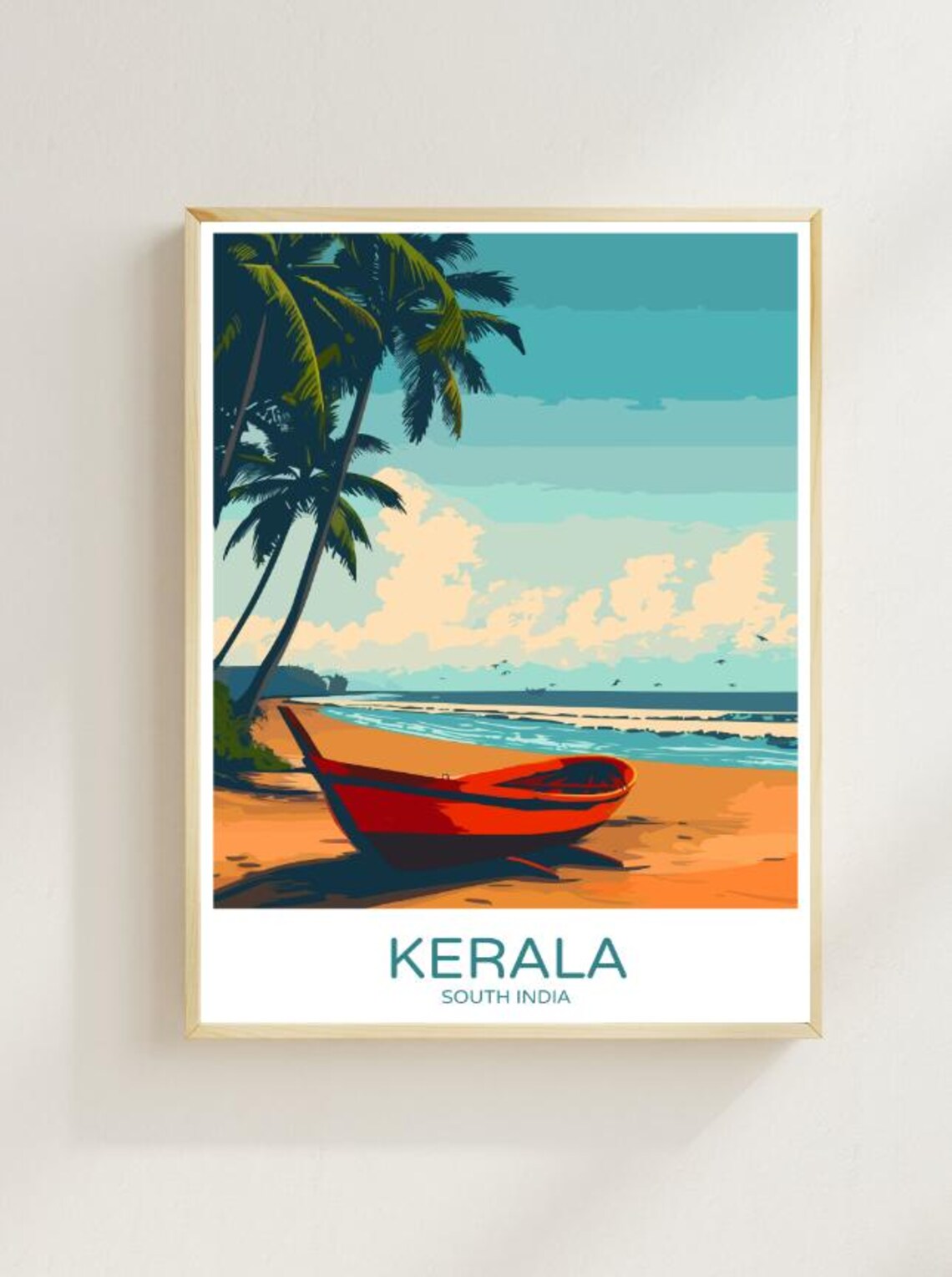 Kerala South India Red Fishing Boat Palm Beach Tropical Travel Poster