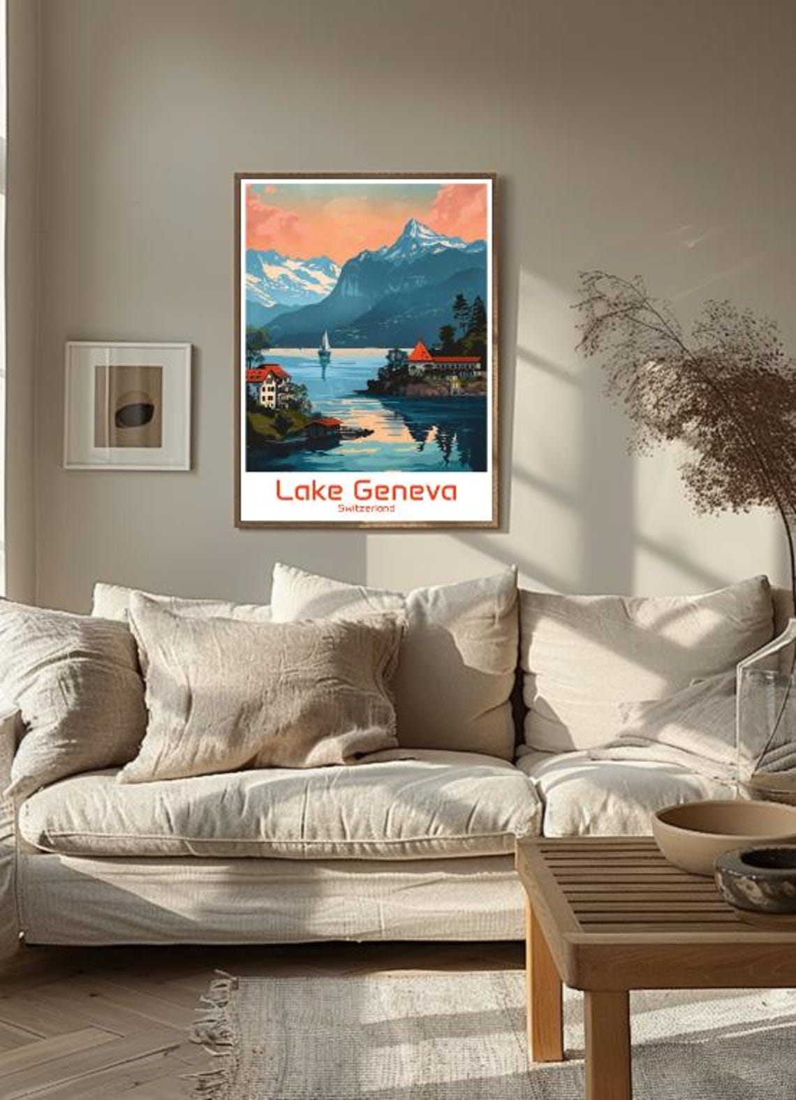 Lake Geneva Switzerland Alpine Sunset Sailboat Scene Travel Poster - Image 3