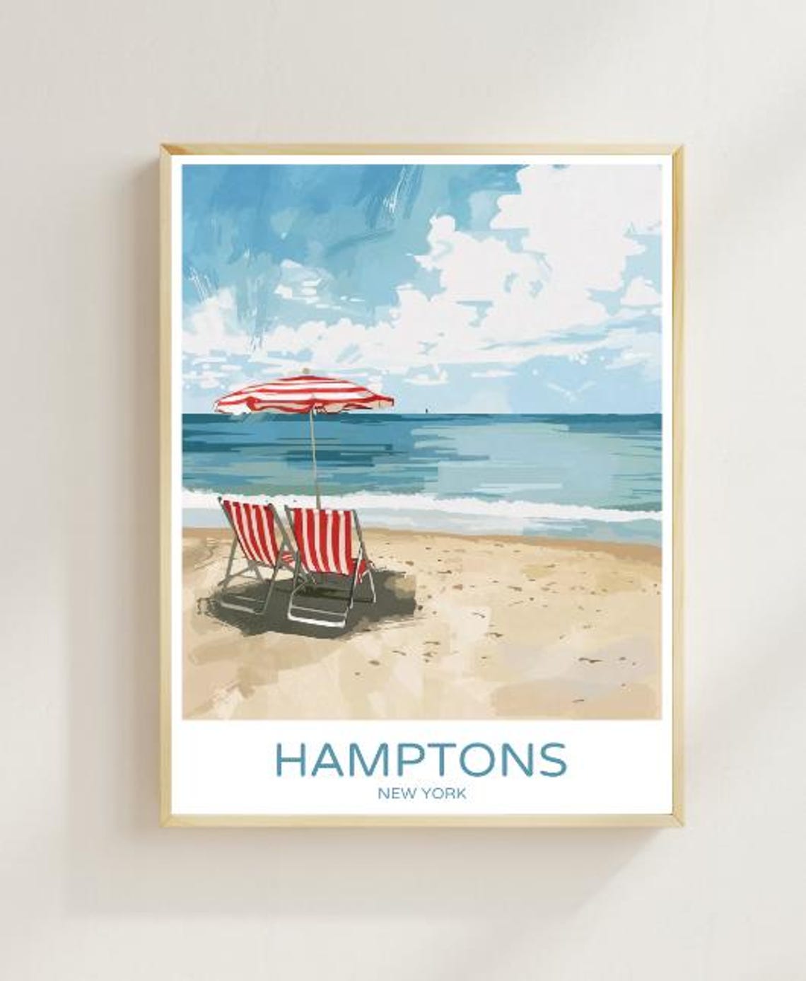 Hamptons New York Beach Day Poster With Striped Umbrella Chairs Sand