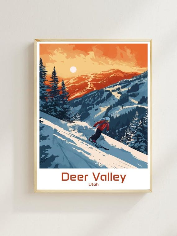 Deer Valley Ski Resort Travel Poster Scenic Mountain Skiing Wall Art Winter Landscape Print Deer Valley Utah Decor For Home