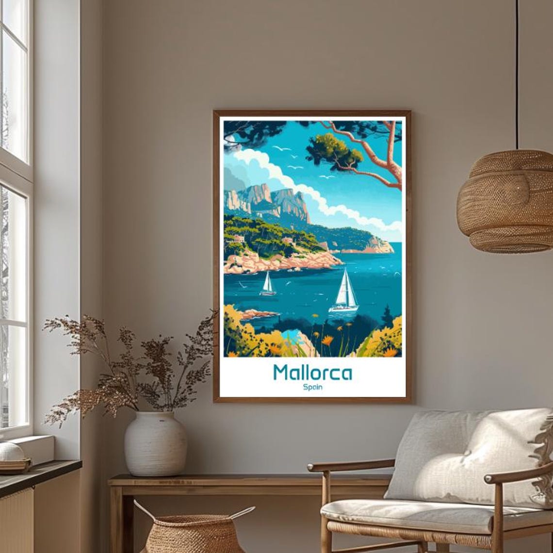 Mallorca Spain Sunlit Cliffs and Sailboats on the Coast Poster - Image 4