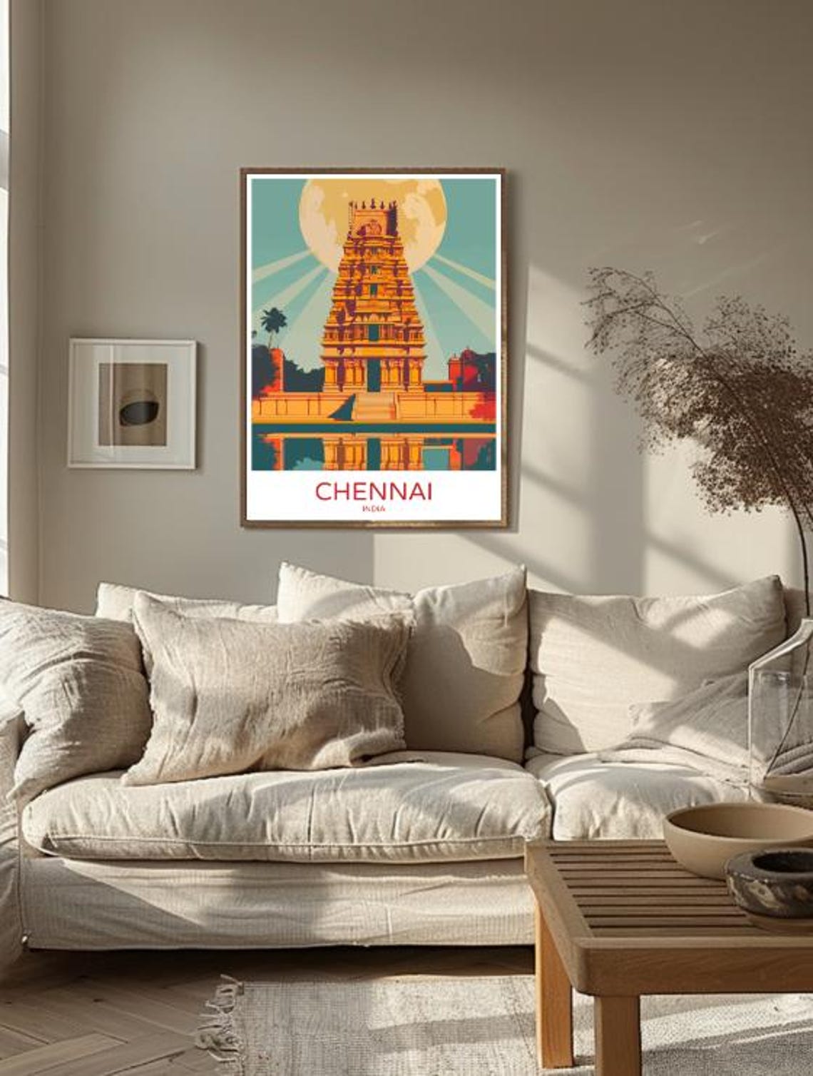Chennai India Golden Temple Tower Moonlit Water Reflection Art Poster - Image 3
