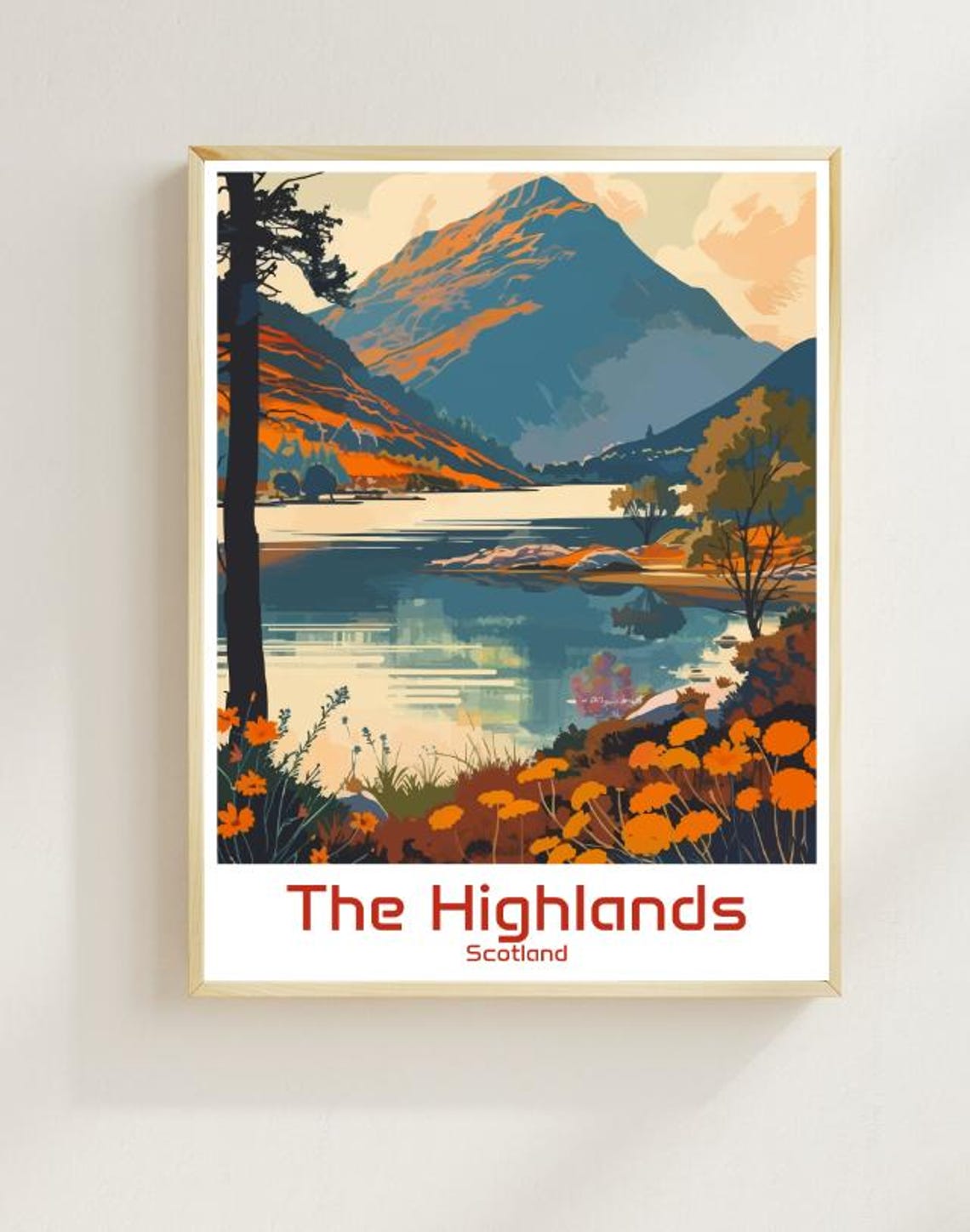 Scottish Highlands Autumn Loch Mountain Wildflowers Travel Poster