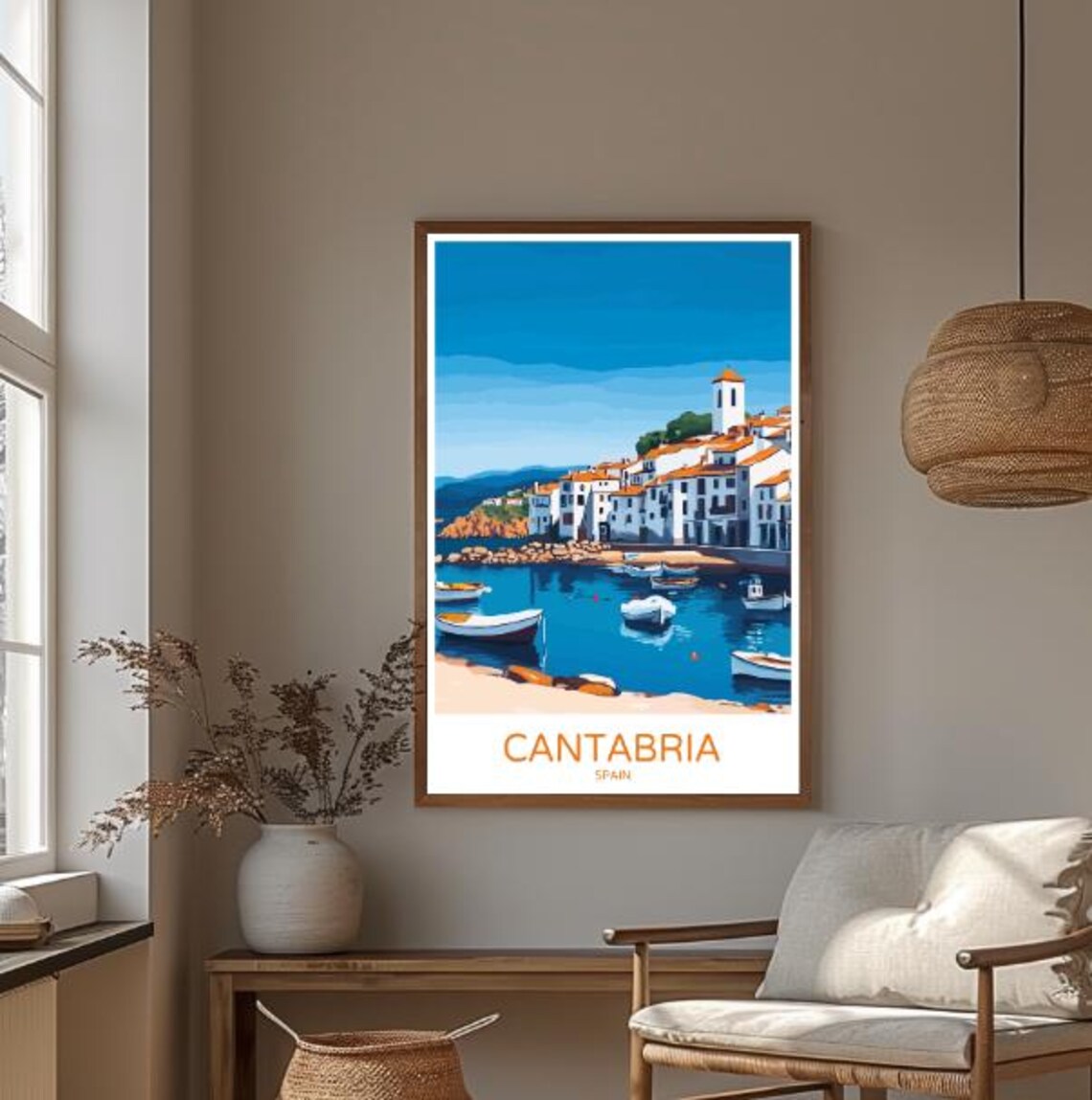 Cantabria Spain Colorful Harbor Town Fishing Boats Bay View Poster - Image 3