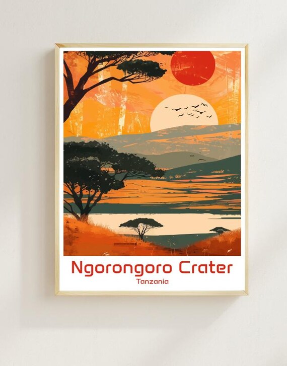 Ngorongoro Crater Travel Poster Tanzania Wall Art Print Wildlife Savannah Landscapes And African Scenery For Nature And Safari Decor