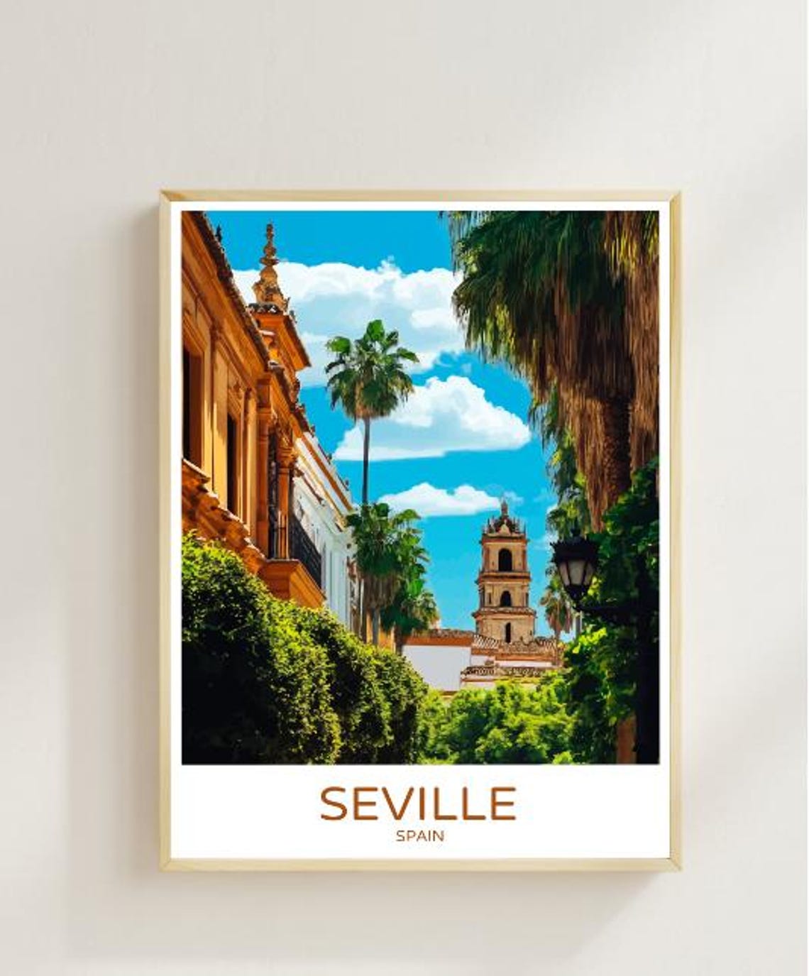 Seville Historic Street With Church Tower and Palm Trees Travel Poster