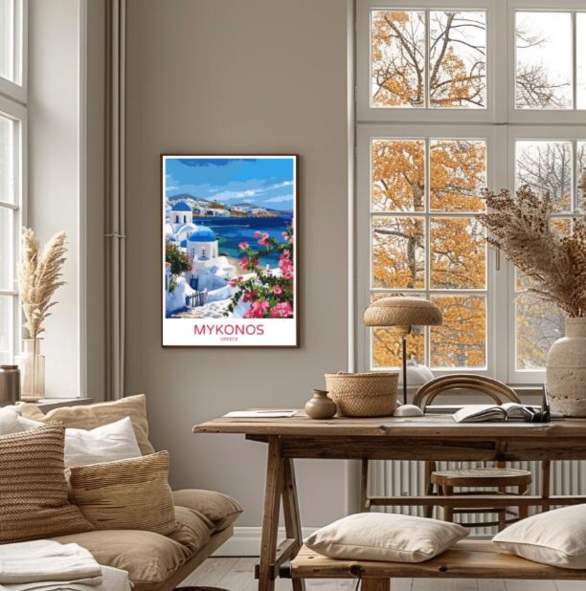 Mykonos Greece Blue Dome Churches Poster With Bougainvillea Sea View - Image 4