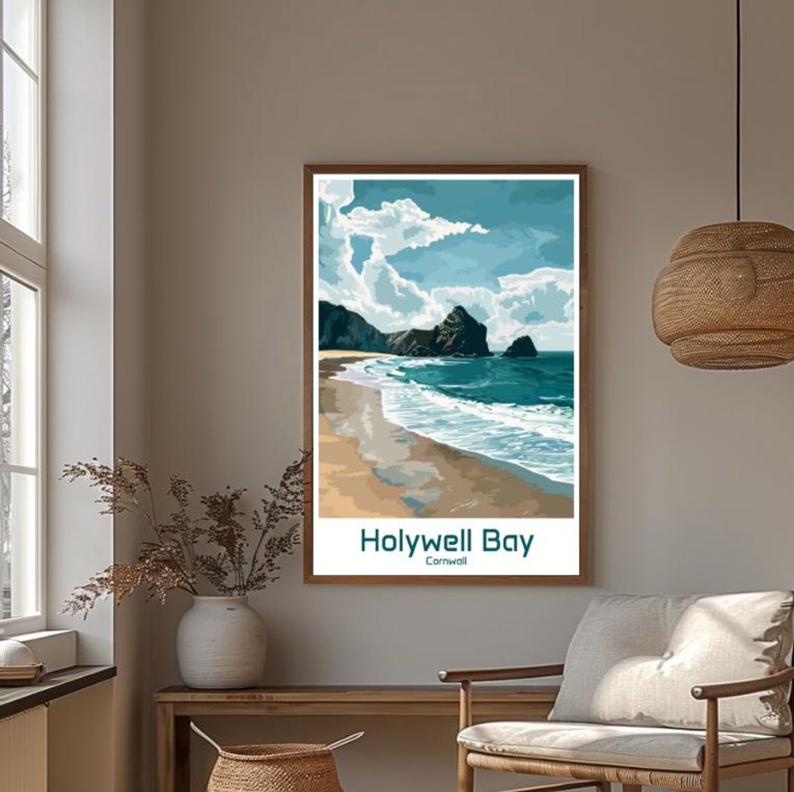 Holywell Bay Cornwall Sea Stacks and Rolling Surf Waves Poster - Image 4