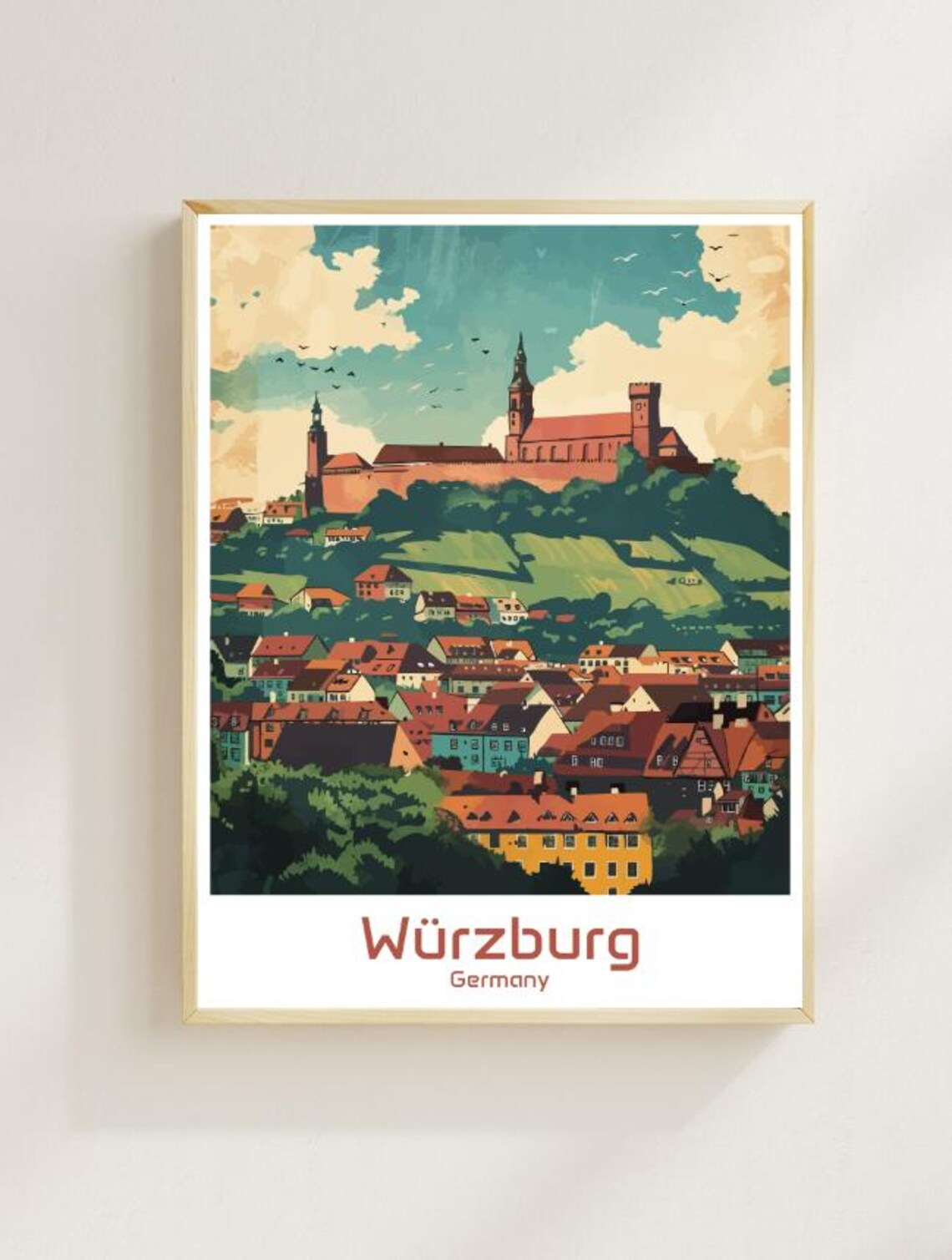 Wurzburg Germany Marienberg Fortress Hill Vintage Travel Poster