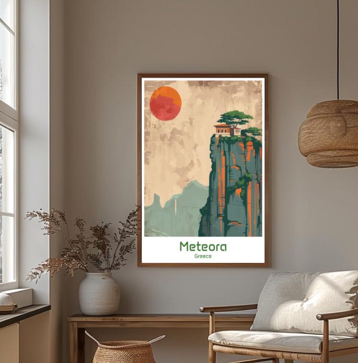 Meteora Greece Cliffside Monastery Red Sun Minimalist Poster - Image 4