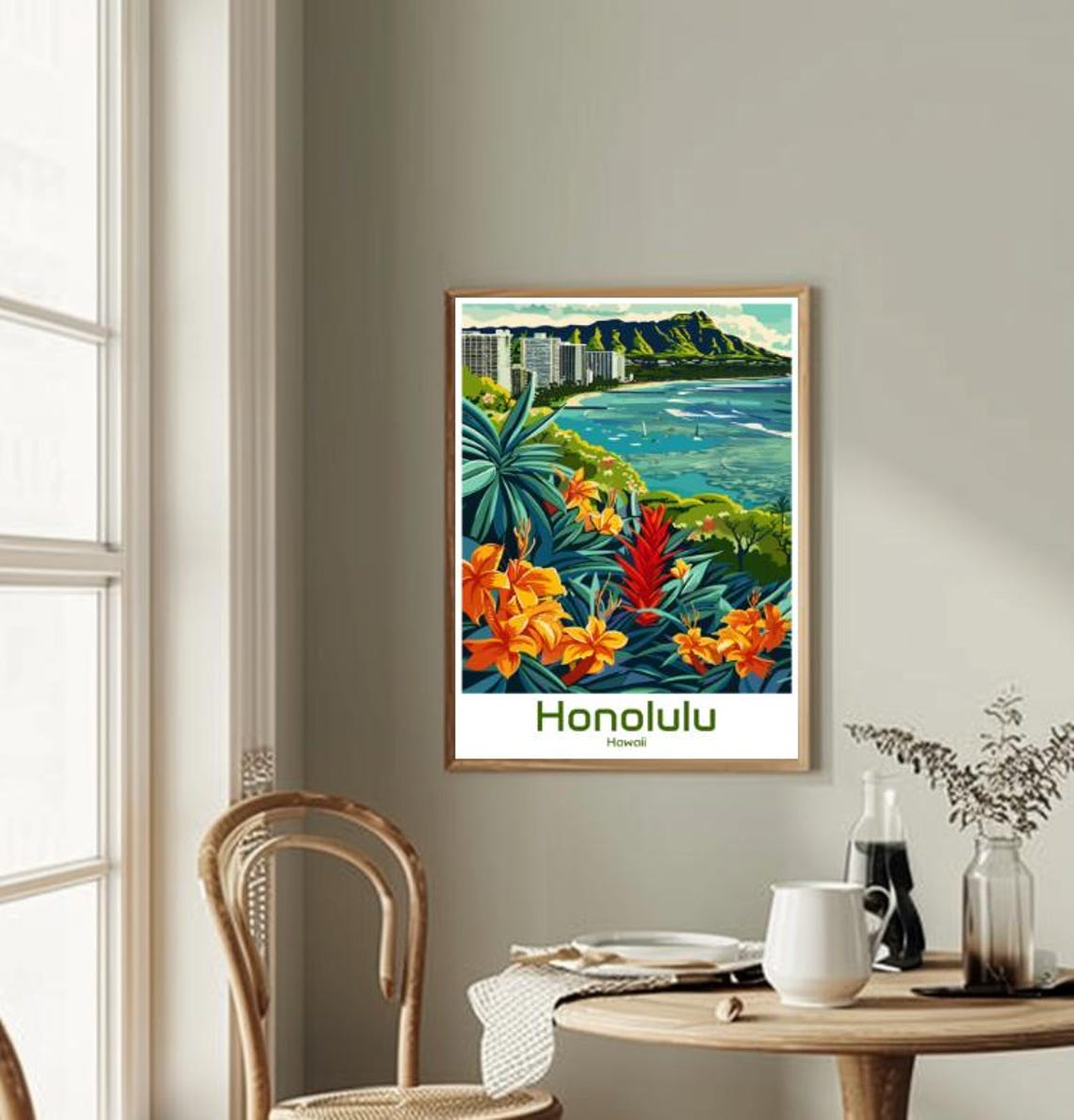Honolulu Hawaii Waikiki Diamond Head Tropical Flowers Poster - Image 2