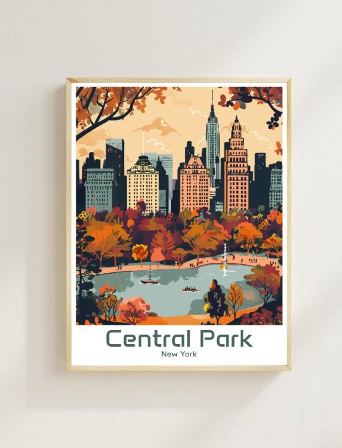 Central Park New York Autumn Lake Rowboats Skyline View Poster