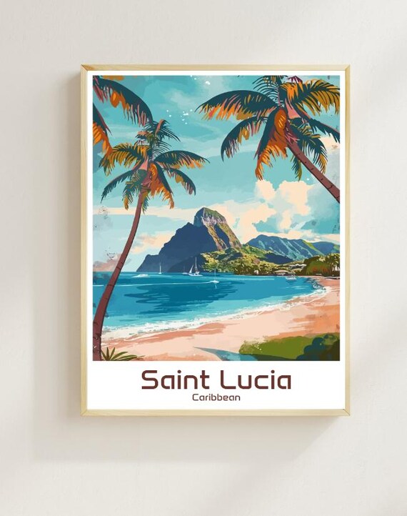 Tropical Saint Lucia Caribbean Piton Peak Beach Palms Poster