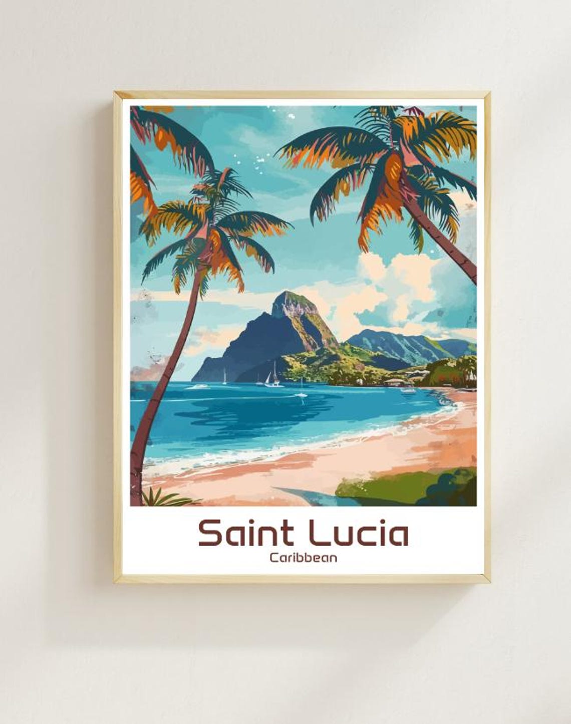 Tropical Saint Lucia Caribbean Piton Peak Beach Palms Poster