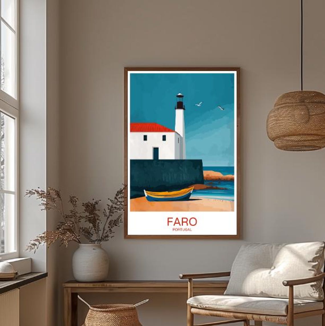 Faro Portugal Sandy Beach Lighthouse Boat Algarve Travel Poster - Image 3