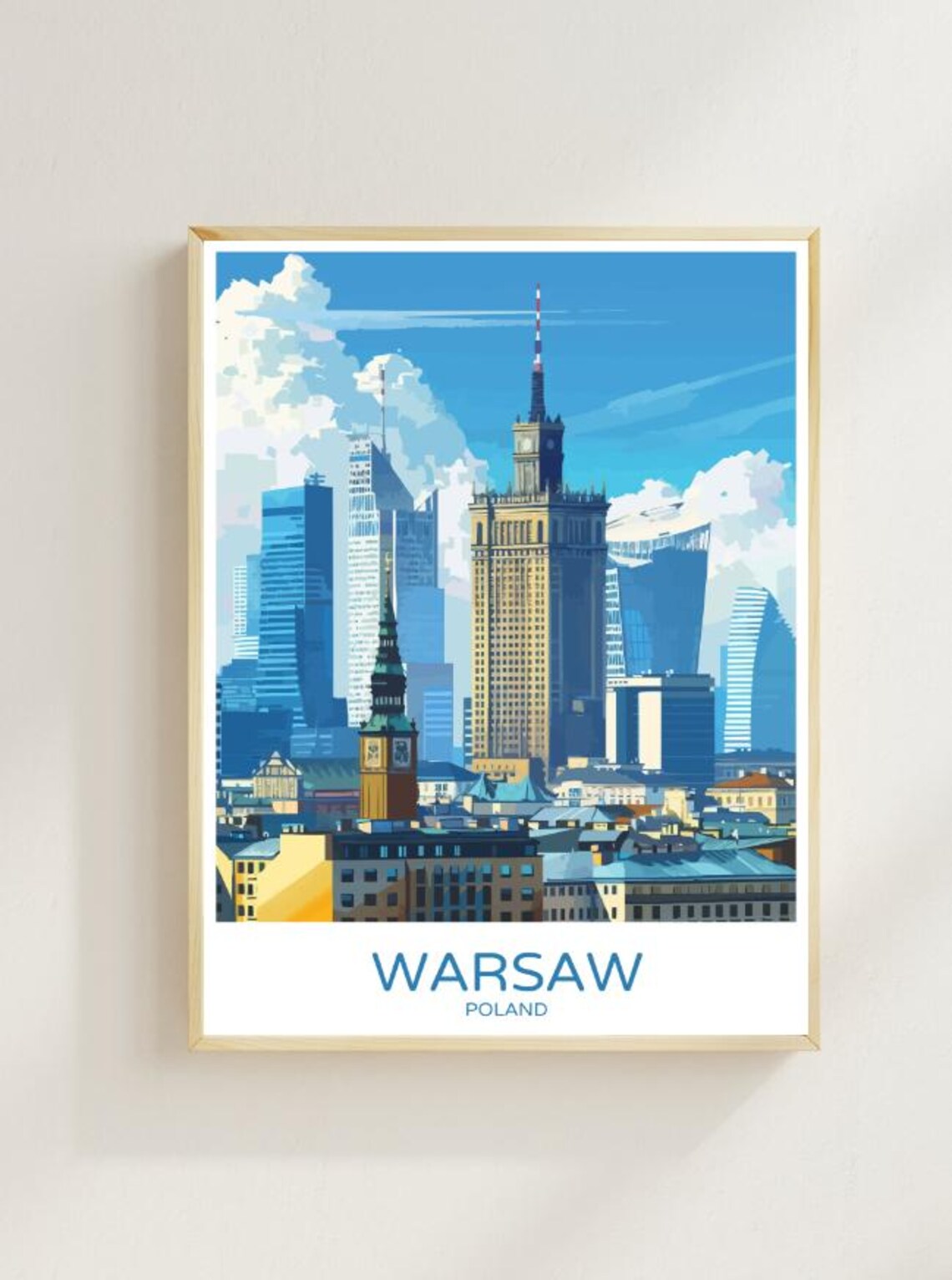 Warsaw Palace of Culture Illustrated Skyline Colorful Travel Poster