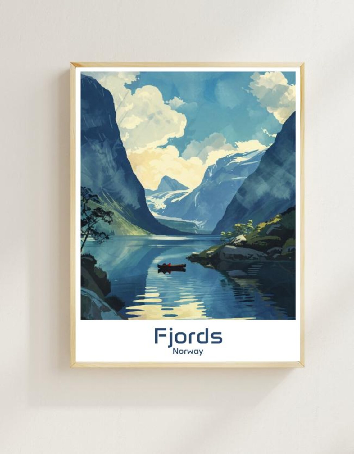 Fjords Norway Snowy Peaks Red Canoe Lake Vintage Travel Poster