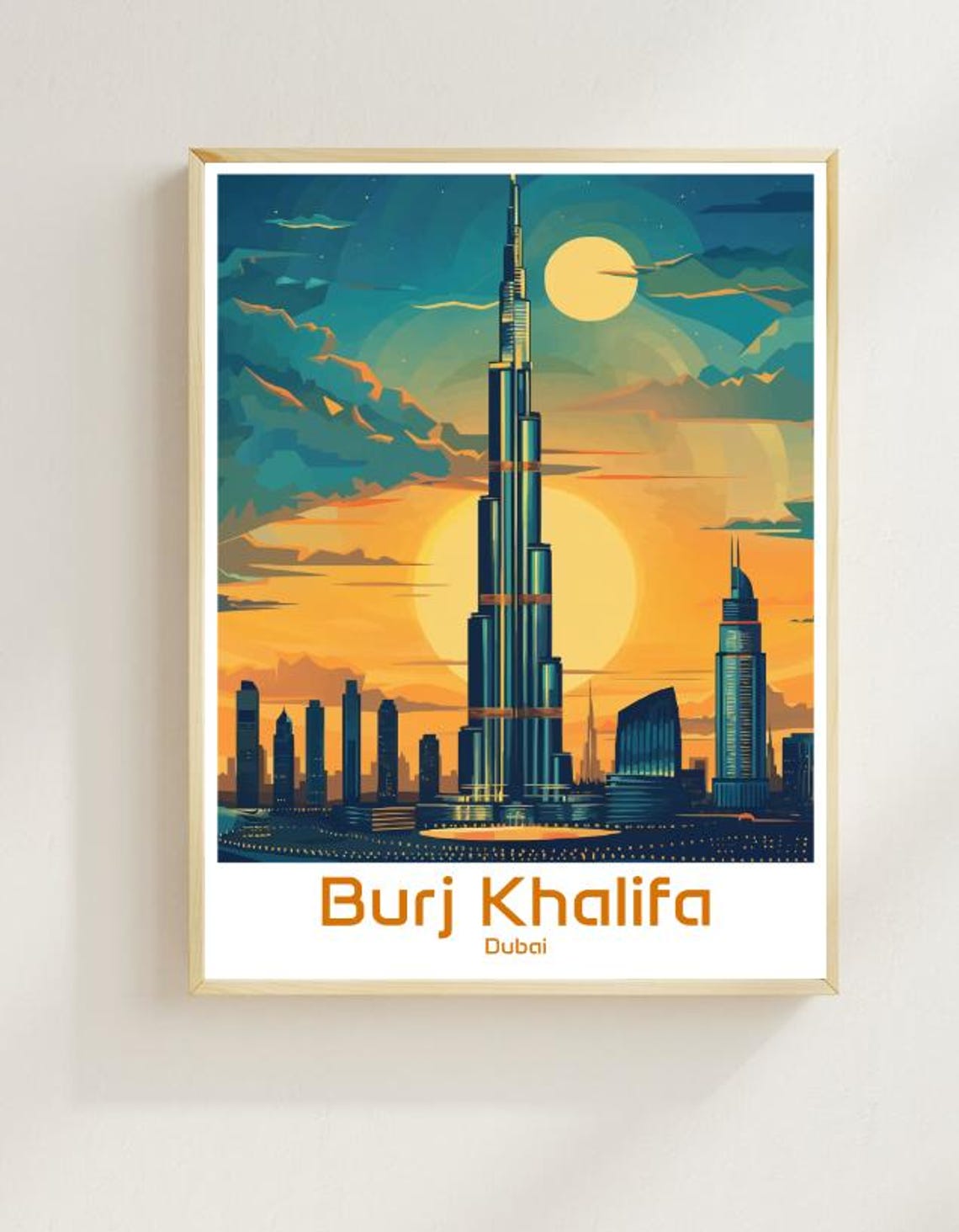 Burj Khalifa Dubai Skyline Glowing Under Golden Sunset Moon Poster