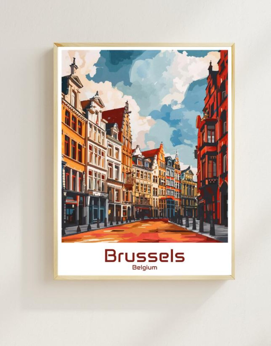 Sunlit Brussels Belgium Historic Old Town Street Travel Poster