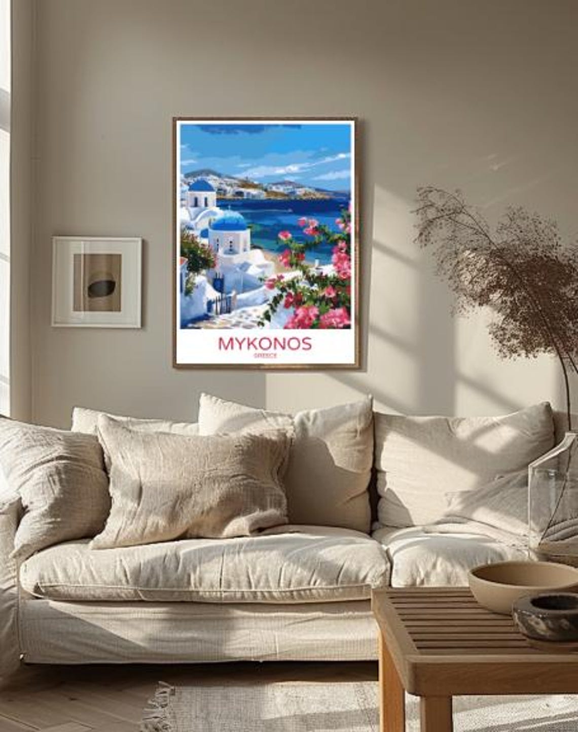 Mykonos Greece Blue Dome Churches Poster With Bougainvillea Sea View - Image 2