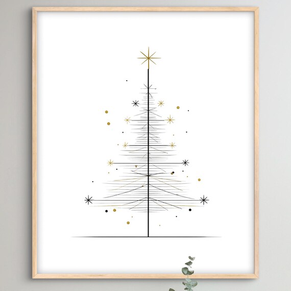 Minimalist Line Art Christmas Tree with Gold Star Modern Poster