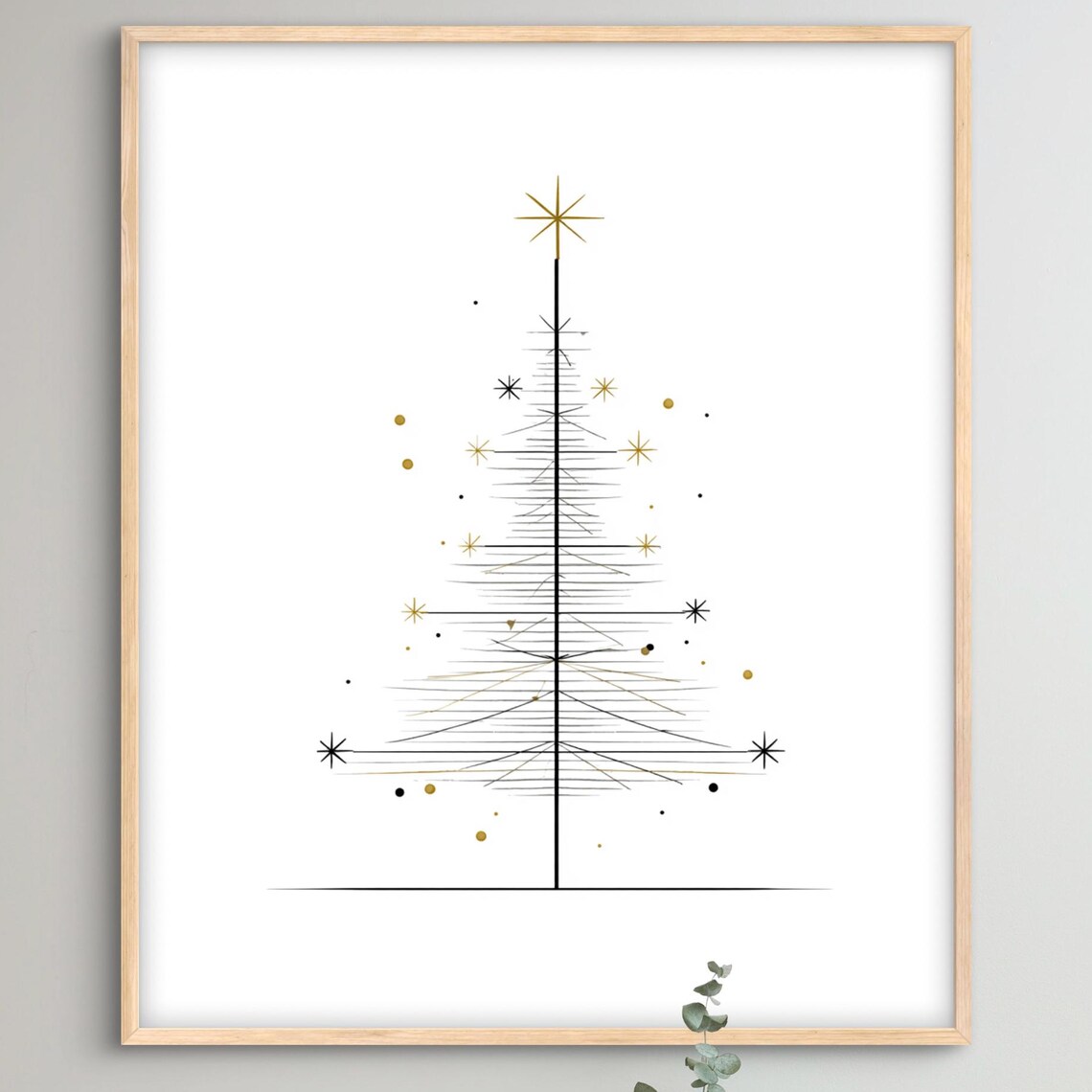 Minimalist Line Art Christmas Tree with Gold Star Modern Poster
