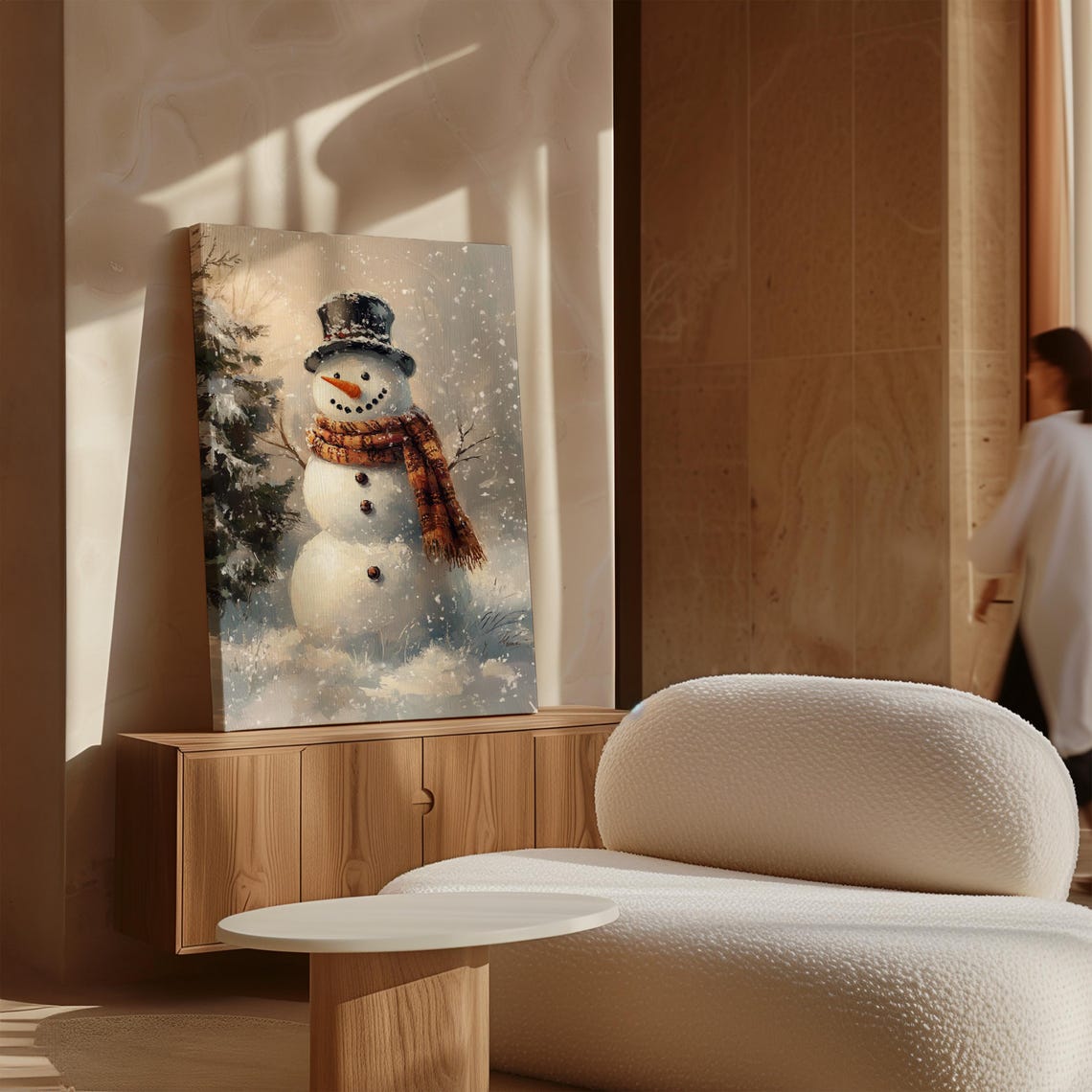 Vintage Snowman In Top Hat And Scarf Amid Falling Snow Holiday Poster - Image 5