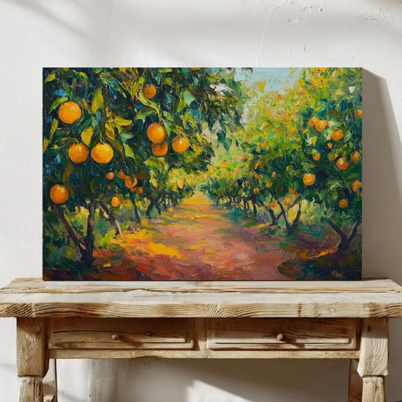 Colorful Orange Grove Painting Impressionist Citrus Orchard Wall Art Print Vibrant Fruit Tree Landscape For Kitchen Or Farmhouse Decor